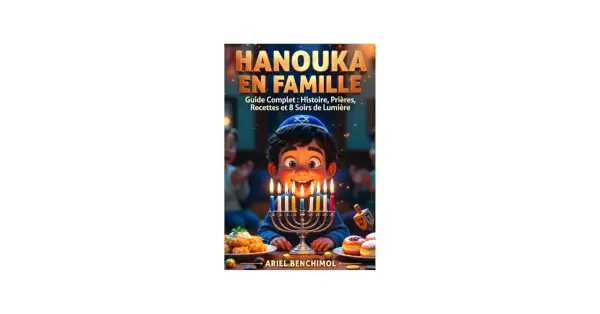 Un garçon joyeux célèbre Hanouka, entouré de lumières et de mets. Ce livre explore l'origine de Hanouka, ses traditions et recettes familiales.