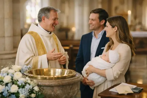 Un prêtre souriant discute avec les parents d'un bébé emmailloté, près d'une vasque baptismale. Une scène émouvante pour le prix bapteme eglise.