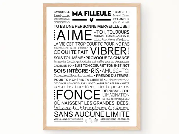 Texte marraine filleul : "Ma filleule, tu mérites le meilleur. Aime, vibre, fonce ! L'imagination est ton terrain de jeu. Rêve sans limite.