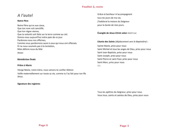 Extrait d'un livret de messe baptême : prières, litanies des saints et évangile.