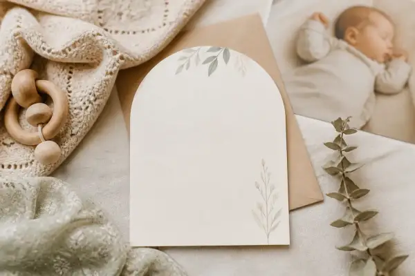Une carte vierge avec des motifs floraux, prête pour un faire part naissance. Un hochet en bois et une photo de bébé endormi complètent la scène.