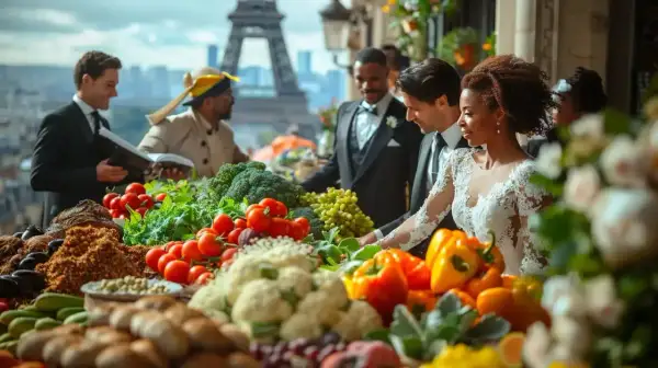 Un couple rayonnant devant la Tour Eiffel, entouré de fruits et légumes frais. Un beau symbole de leur mariage avec un étranger, célébrant la diversité et l'abondance.