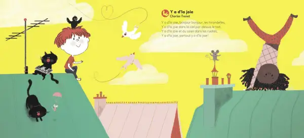 Sur les toits, un garçon, des chats musiciens et une acrobate célèbrent la joie. Une chanson marrante pour soirée !