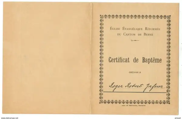Certificat de baptême de l'Église Évangélique Réformée du Canton de Berne, délivré à Roger Robert Jafner.