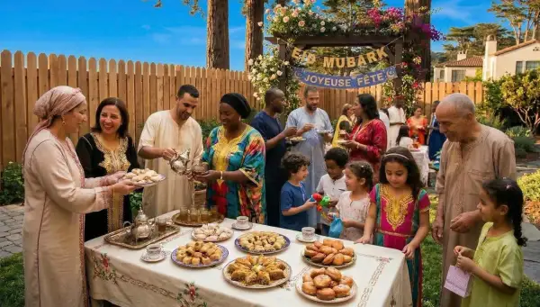 Famille réunie pour la fete de l'Aid, partageant thé et pâtisseries sous une arche décorée de fleurs.