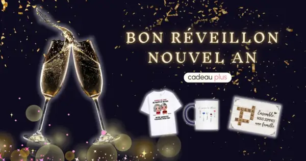Verres de champagne pétillant pour le 31 décembre, avec des cadeaux personnalisés : t-shirt, mug et cadre photo familial.