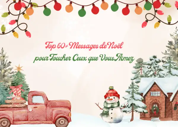 Joyeux Noël ! Trouvez le message parfait pour votre famille. Un camion rouge, un bonhomme de neige et des lumières festives.