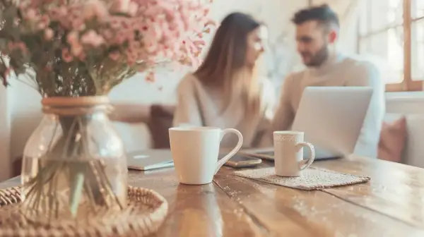 Un couple discute devant un ordinateur portable, entouré de tasses et de fleurs roses. Ils planifient leur préparatif mariage.