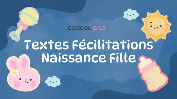 Des textes félicitations naissance fille adorables, avec un hochet, un lapin rose, un soleil, des nuages et un biberon.