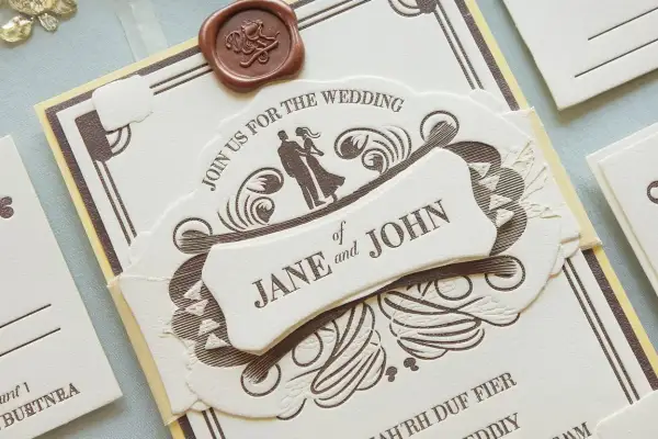 Comment faire un faire part de mariage : invitation élégante avec sceau de cire, couple stylisé et noms "Jane et John".
