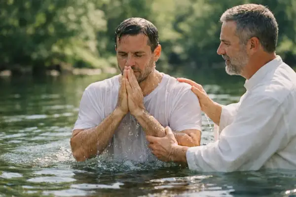 Un homme est baptisé dans une rivière, mains jointes en prière. Un autre homme, le prêtre, pose une main sur son épaule. Une scène évoquant les trois types de baptême.