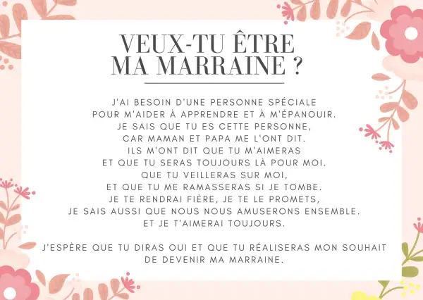 Texte d'une demande de marraine : "Veux-tu être ma marraine ?" avec des promesses d'amour et de jeux.