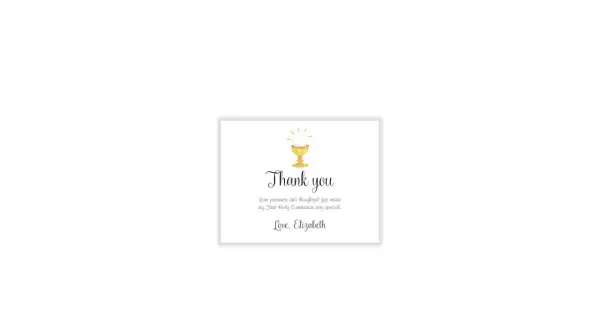 Carte de remerciement pour une communion avec un calice doré et le texte "Thank you".