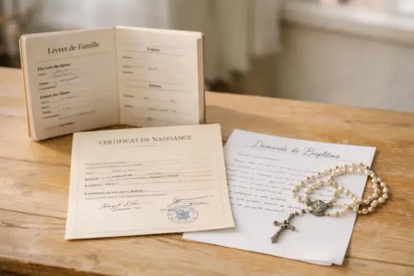 Livret de famille, certificat de naissance et demande de baptême avec chapelet sur fond de bois.