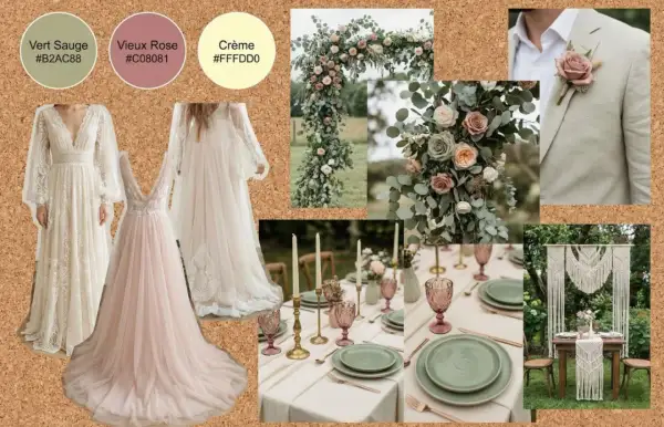 Inspiration mariage champêtre : robes fluides, bouquet de roses et eucalyptus, table dressée, costume clair.