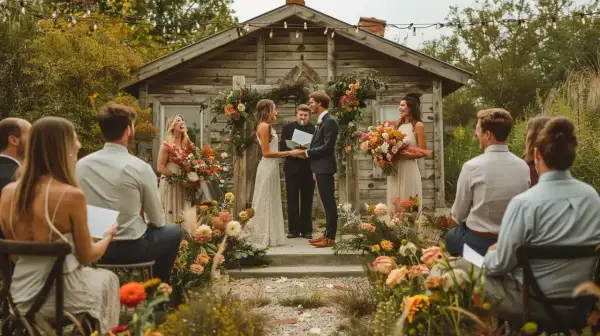 Cérémonie laïque en plein air. Le texte officiant cérémonie laïque humour est lu par l'officiant, sous le regard amusé des mariés et des invités.