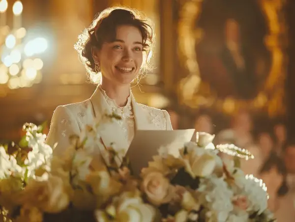 Une femme souriante, vêtue d'une tenue élégante, semble prononcer un discours de mariage. Des fleurs ornent le premier plan.