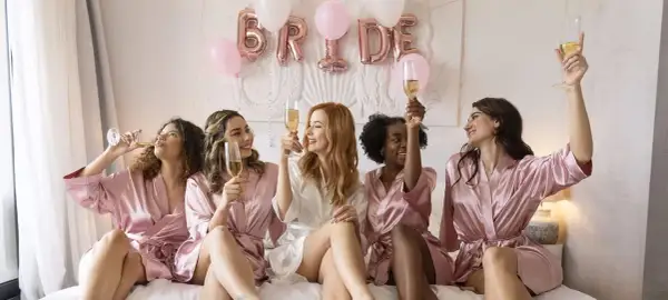 Des amies célèbrent un EVJF, c'est quoi cette fête ? Elles portent des peignoirs en satin et trinquent avec du champagne, des ballons "BRIDE" en arrière-plan.