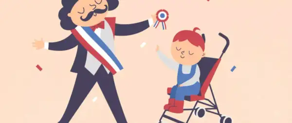 Un maire avec écharpe tricolore et un enfant en poussette. Une scène festive qui pose la question : peut-on baptiser dans une autre commune ?