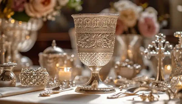 Magnifique timbale en argent, ornée de motifs floraux et géométriques. Sa présence évoque la richesse et la tradition, rappelant la signification d'un baptême.