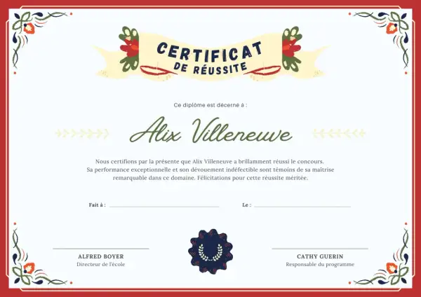 Certificat de réussite vierge pour Alix Villeneuve, soulignant sa performance remarquable. Un modèle de certificat de bapteme vierge pour célébrer les succès.