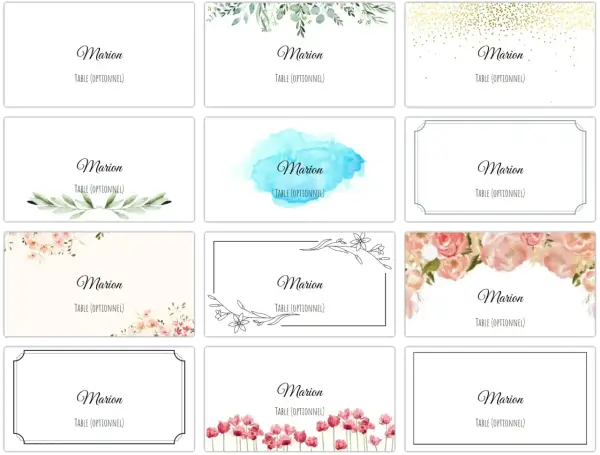 Douze modèles de marque-place gratuits avec le nom "Marion" et "Table (Optionnel)", ornés de fleurs, feuillages ou paillettes.