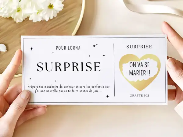 Carte d'annonce mariage surprise pour Lorna : "On va se marier !!" Prépare tes mouchoirs de bonheur.
