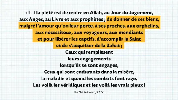 Extrait du Coran sur la piété : foi, charité, patience. Un guide pour les croyants, comme un parrain marraine islam.