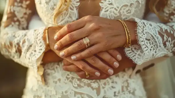 Mains jointes, alliances étincelantes sur une robe de mariée en dentelle. L'image évoque de beaux textes pour un mariage civil, symbolisant l'union et l'amour éternel.