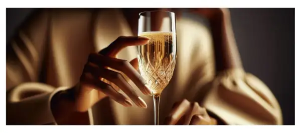Main d'une femme tenant une coupe de champagne pétillant, évoquant un champagne personnalisé mariage pour une célébration spéciale.