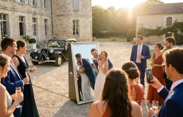 Un couple de mariés s'amuse devant un miroir, entouré d'invités. Une voiture ancienne décorée de fleurs est garée derrière eux. Une belle scène de tradition mariage.