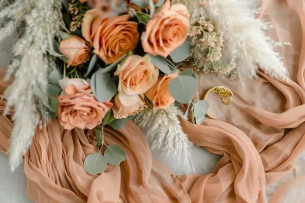 Un bouquet de roses corail et de pampas, drapé sur un tissu couleur pêche. Une touche de couleur de mariage parfaite pour une ambiance douce et romantique.