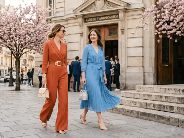 Deux femmes élégantes sortent de la mairie, prêtes pour un baptême civil. L'une porte une combinaison orange, l'autre une robe bleue.